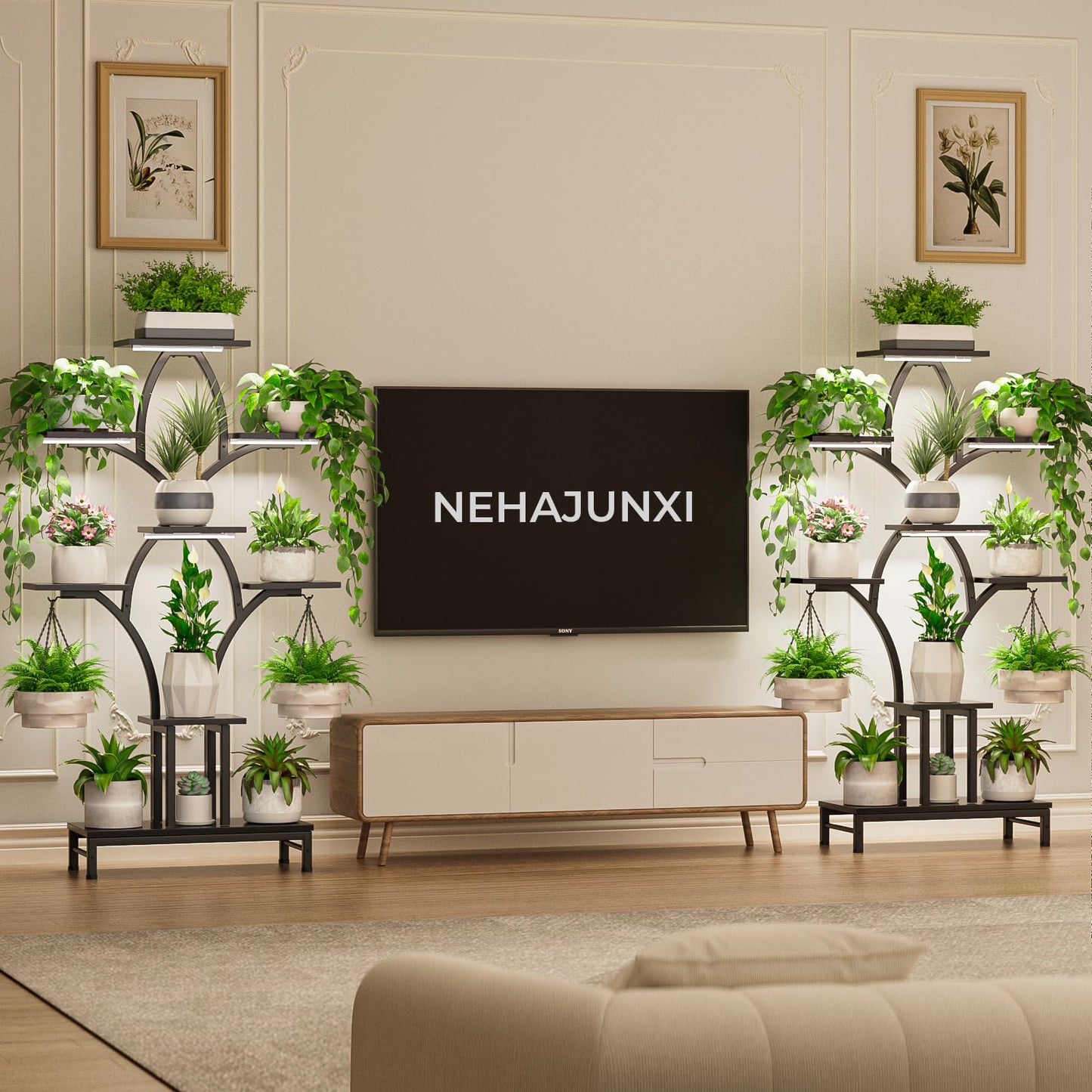 NEHAJUNXI Plant Stand Indoor with 4 Grow Lights - 63" Tall Plant Shelf- 8 Tiered Corner Plant Flower Stands Display Shelves for Home, Patio (Black)