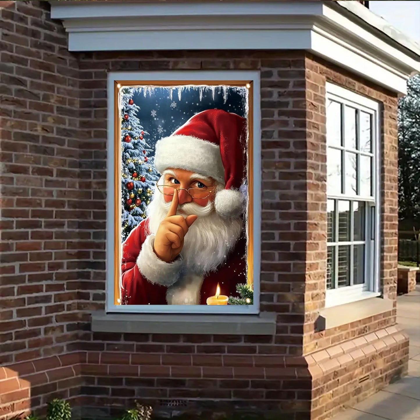 Saoplasa Christmas Window Cover Santa Claus Silent Night Decor Snowy Tree Candle Light Holiday Window Art Panel for Home Living Room Indoor Xmas Decoration 47x31 Inch Winter Wall Hanging Curtain