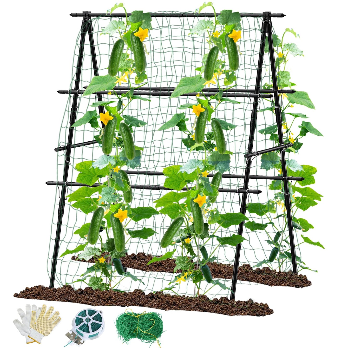 Cucumber Trellis, 31''X47'' A-Frame Cucumber Trellis for Raised Bed with Climbing Net, Metal Garden Trellis for Climbing Plants for Cucumber,Tomato, Grapes and Flowers