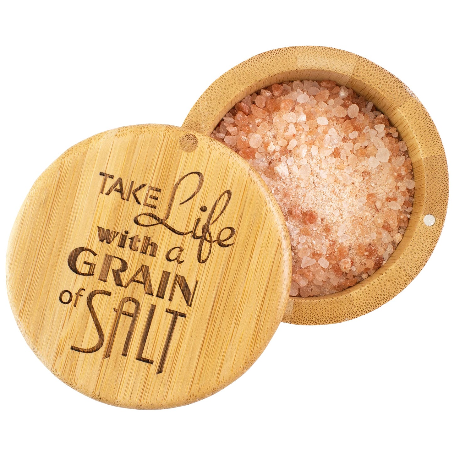 Totally Bamboo Salt Cellar Bamboo Storage Box with Magnetic Swivel Lid, 6 Ounce Capacity, "Take Life with a Grain of Salt" Engraved on Lid