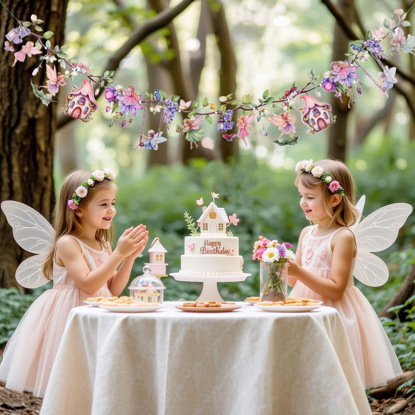 OBBOLO Fairy Party Decorations, Fairy Décor, Flower Banner for Fairy Birthday, Girls Baby Shower, First Birthday, Garden Party Celebration, Outdoor Indoor Fairy Tale Decorations