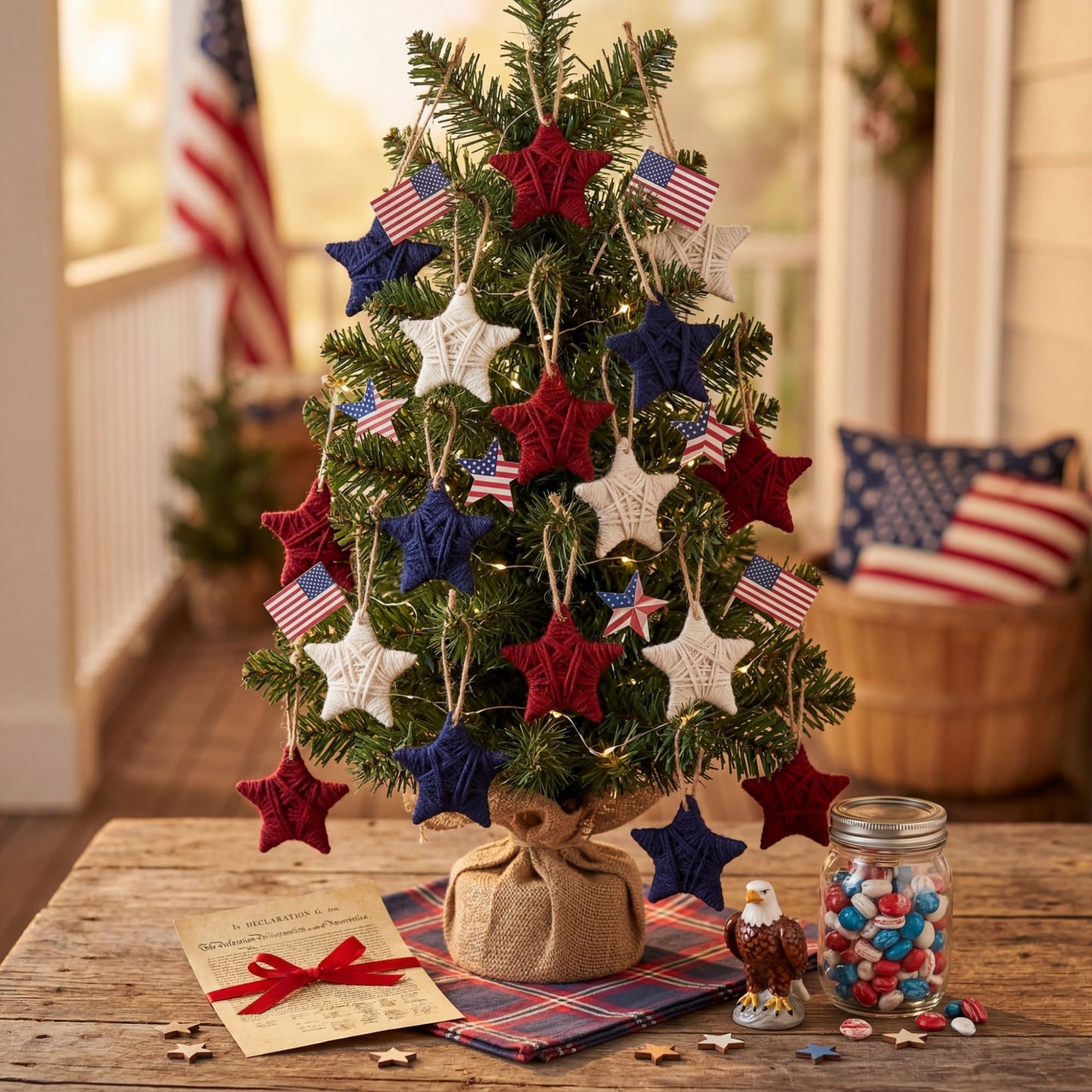 Daifunli 24 Pcs 4th of July Patriotic Ornaments Yarn Red Blue White Star Ornaments Farmhouse Handmade Star Vase Bowl Fillers Hanging 250th Anniversary Decoration for Home Small Tree Table Wreath Decor