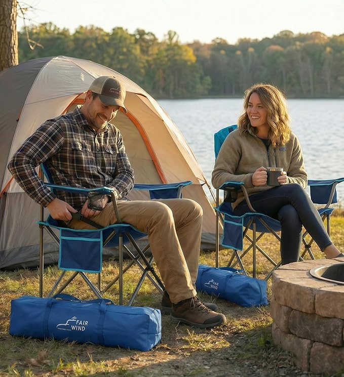 FAIR WIND 2 Pack Heavy Duty Camping Chair, Oversized Padded Folding Chair for Big and Tall (450lbs), Extra Wide Seat with Integrated Cooler & Storage Pocket, Adjustable Lumbar Support for Outdoor