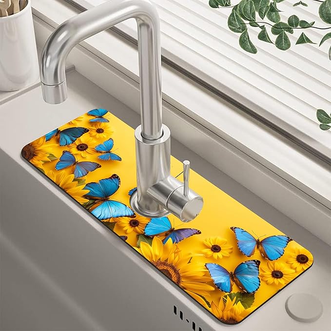 Kitchen Sink Splash Sunflowers and Blue Butterflies Guard Faucet Mat Super