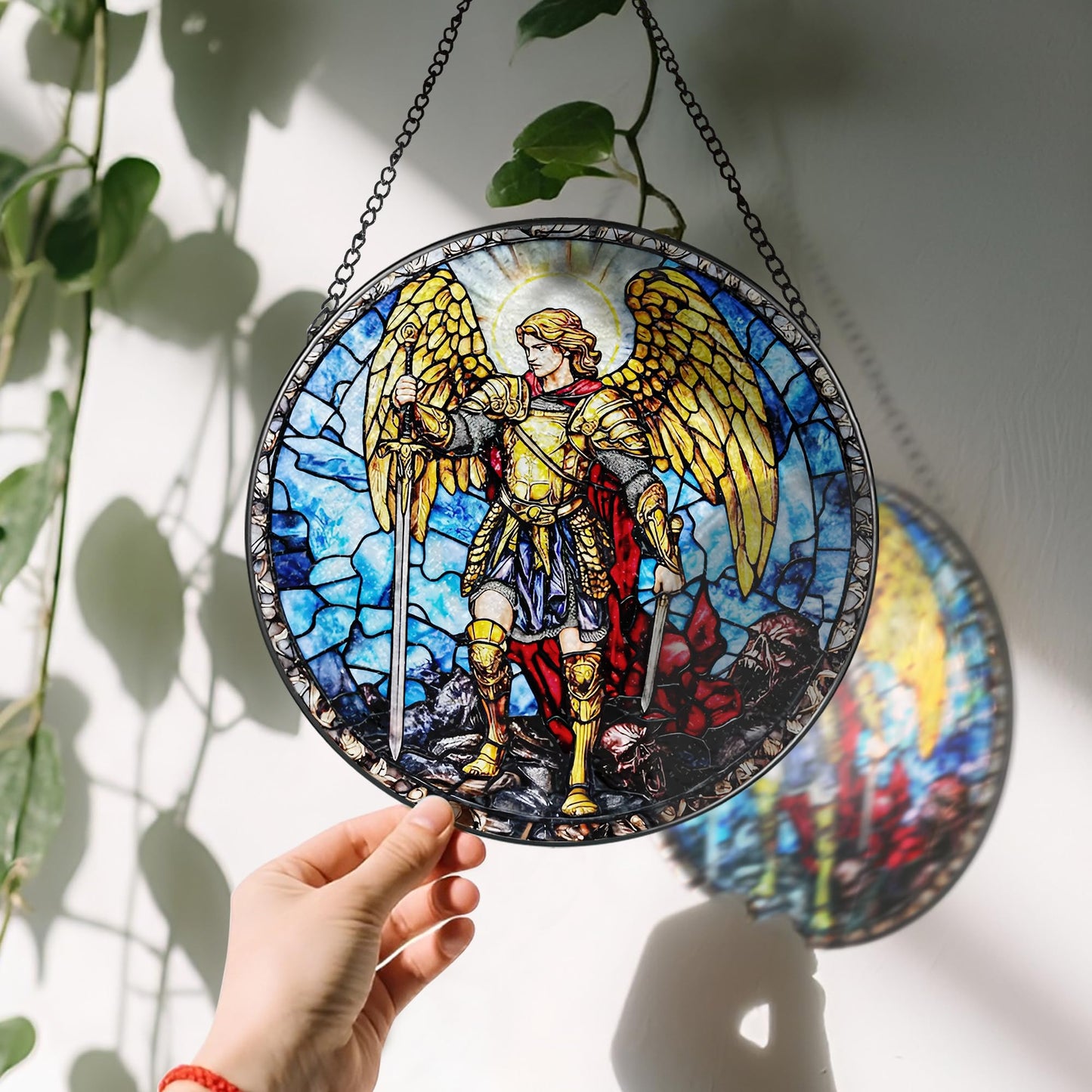 Stained Glass Suncatcher, Archangel Michael Sun Catcher Ornament; Stained Glass Window Hanging, Warrior Angel Window Decor; Christmas Home Decor, Christian Gifts, Religious Gifts