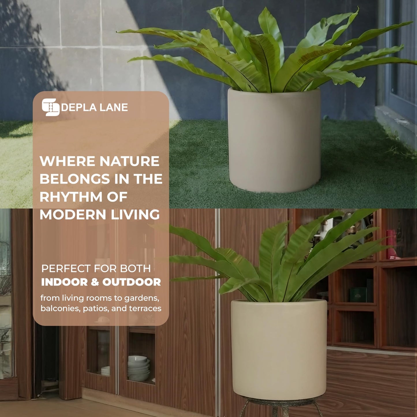 DEPLA LANE Lumero Fiberstone Cylinder Planter (14.0" Pot Opening x 15.7" D x 15.7" H) Smooth Finishes, Lightweight, Durable, UV Resistant, Minimalist Decor, Indoor Outdoor Plant Pot (XL, Cream White)