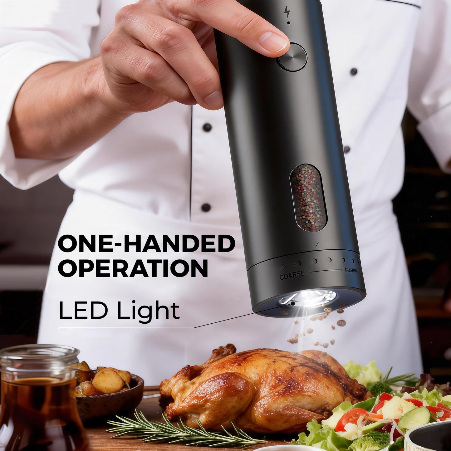 Elebatic 110ml Electric Salt and Pepper Grinder Set, Rechargeable salt and pepper shakers with LED Light, 2-Pack with Charging Base, External 6 Adjustable Coarseness, Holiday Gifts