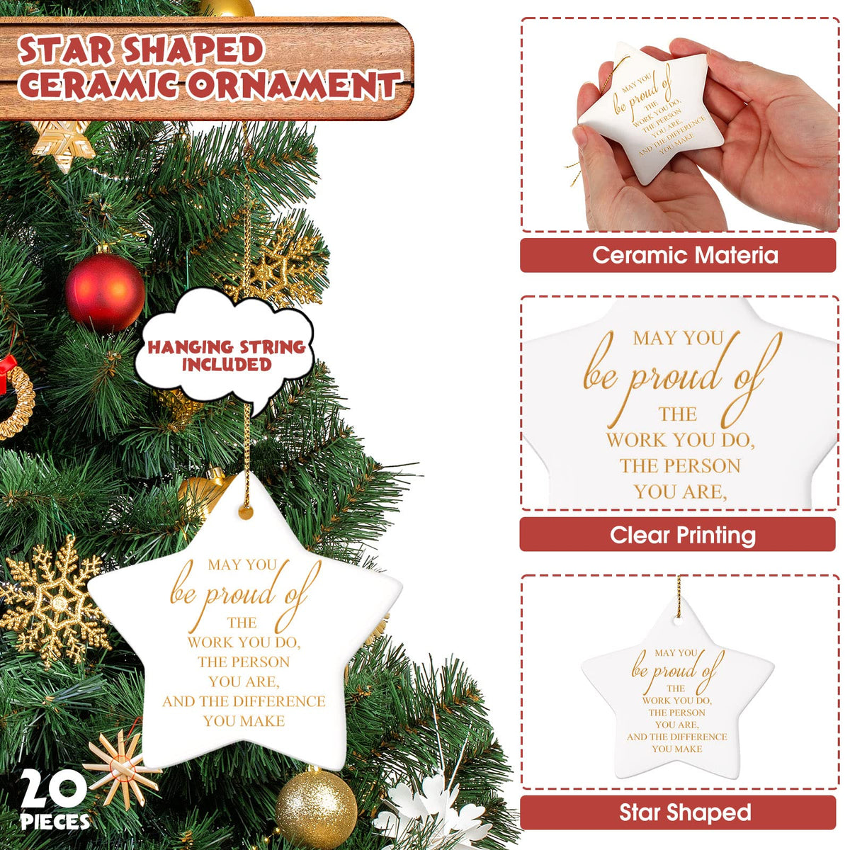Sieral 20 Pieces Christmas Appreciation Gift for Employee Women Star Shaped Ornaments Thanksgiving Ceramics Hanging Plaque Keepsake Christmas Tree Ornaments for Customer Service Vet Tech Week Nurse