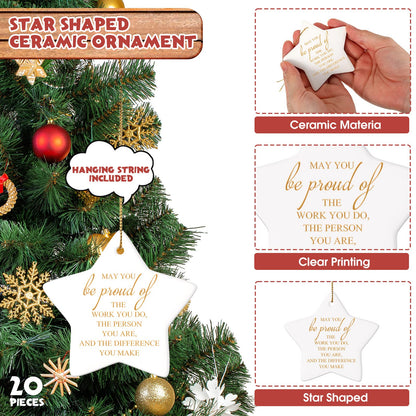 Sieral 20 Pieces Christmas Appreciation Gift for Employee Women Star Shaped Ornaments Thanksgiving Ceramics Hanging Plaque Keepsake Christmas Tree Ornaments for Customer Service Vet Tech Week Nurse