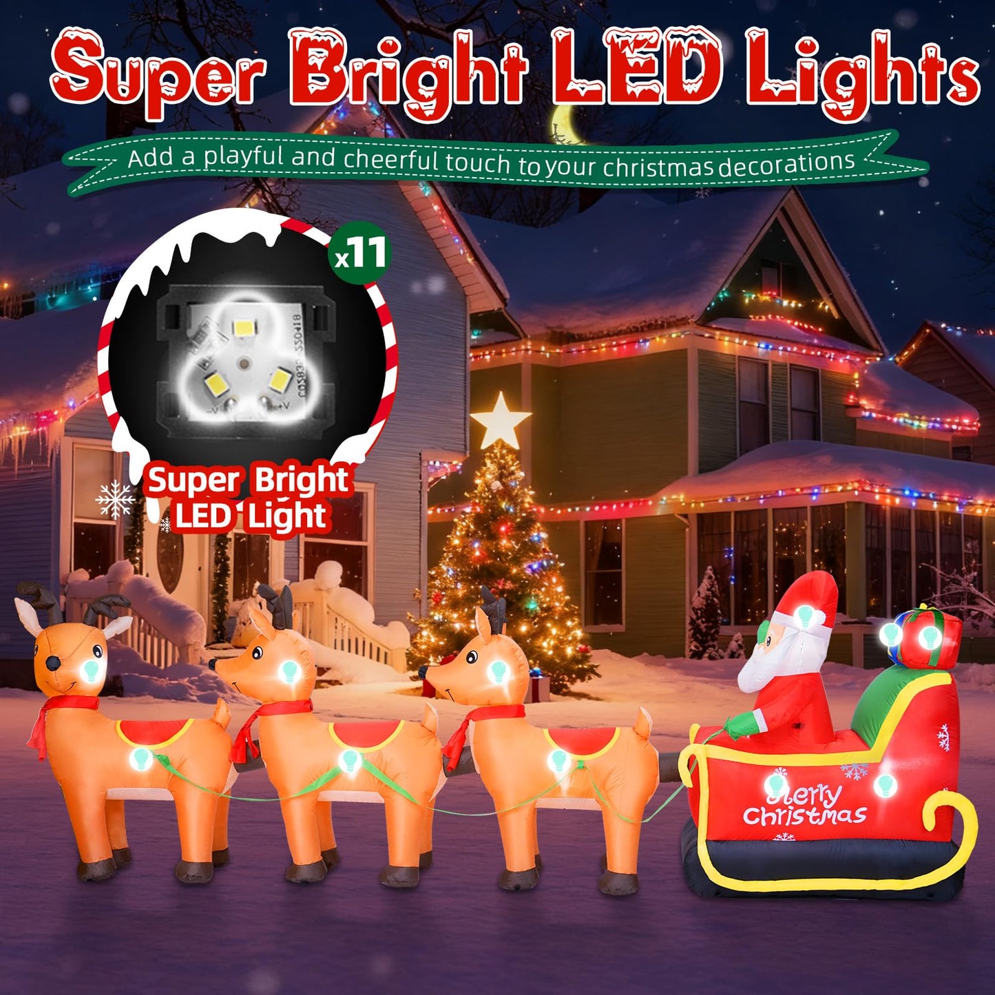 BRDJade 12FT Long Christmas Inflatables Outdoor Decorations, Inflatables Santa Claus on Reindeer Sleigh Built-in LED Lights, Christmas Blow Up Yard Decorations for Holiday Outdoor Garden Lawn Decor