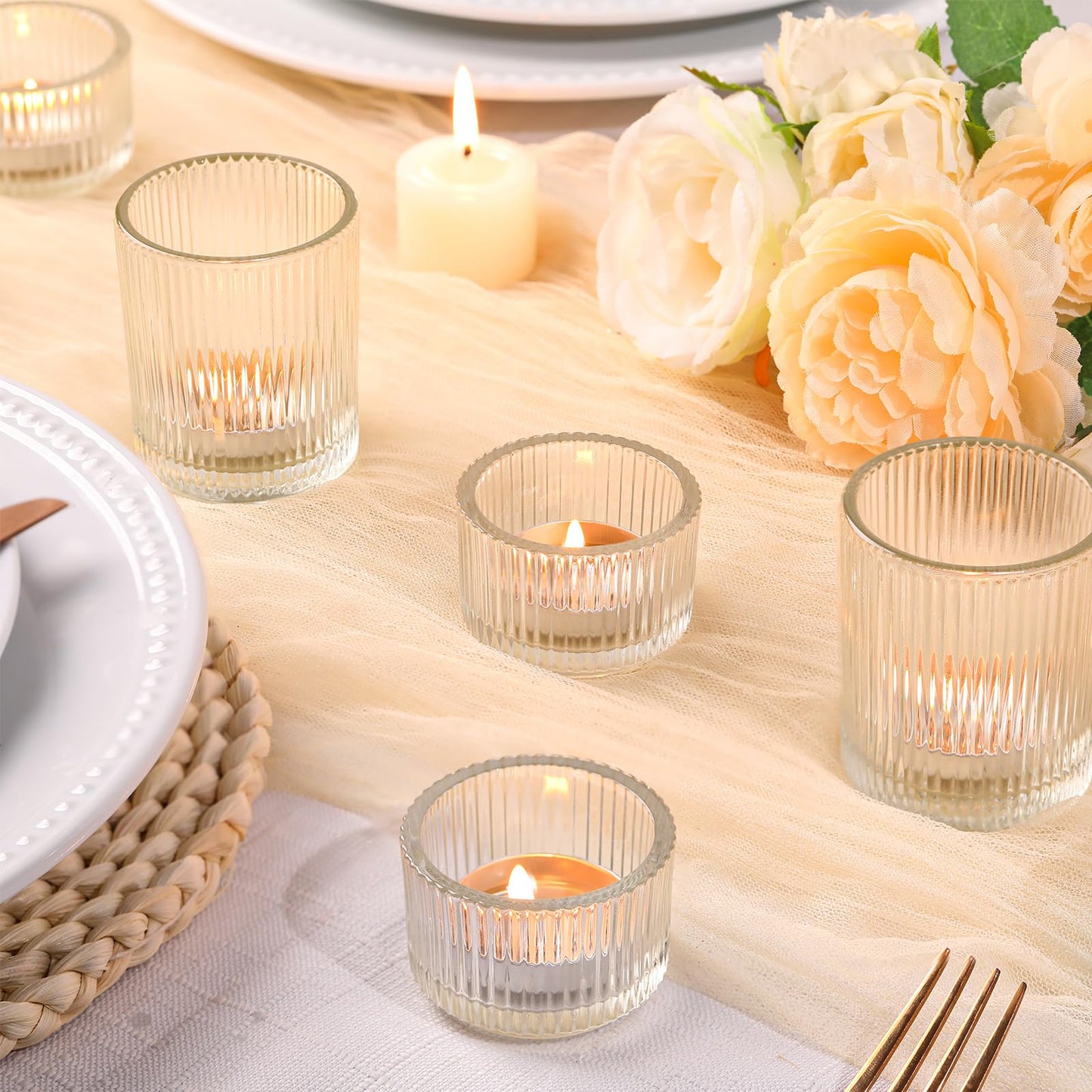 20pcs Assorted Ribbed Clear Votive & Tea Light Candle Holders, Glass Candle Holder for Table Centerpiece, Wedding, Baby Shower, Home and Party Decorations