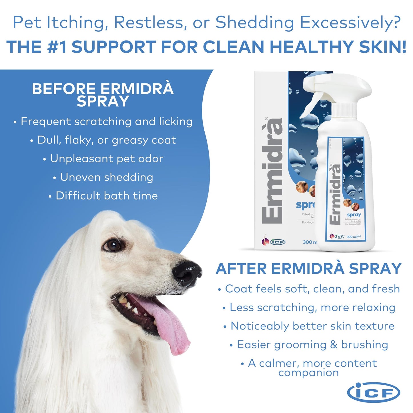 ICF Ermidrà® Spray Waterless Dry Shampoo Moisturising Wash for Dogs & Cats Itchy Dry Smelly or Allergy Prone Sensitive Skin 300 ml