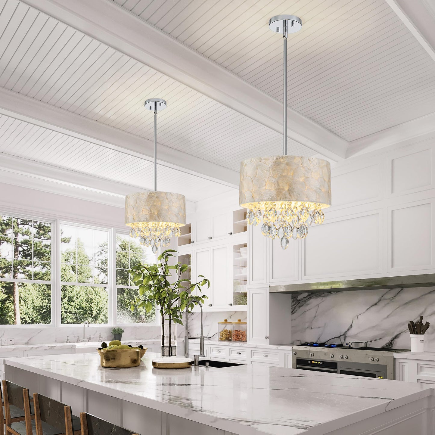 Pine Flicker 3-Light Drum Capiz Shell K9 Crystal Chandelier, Coastal Style Pendant Light Fixture for Dining Room, Living Room, D12 * H19~49 inch (Adjustable), Clear Crystal & Chrome Finish Frame