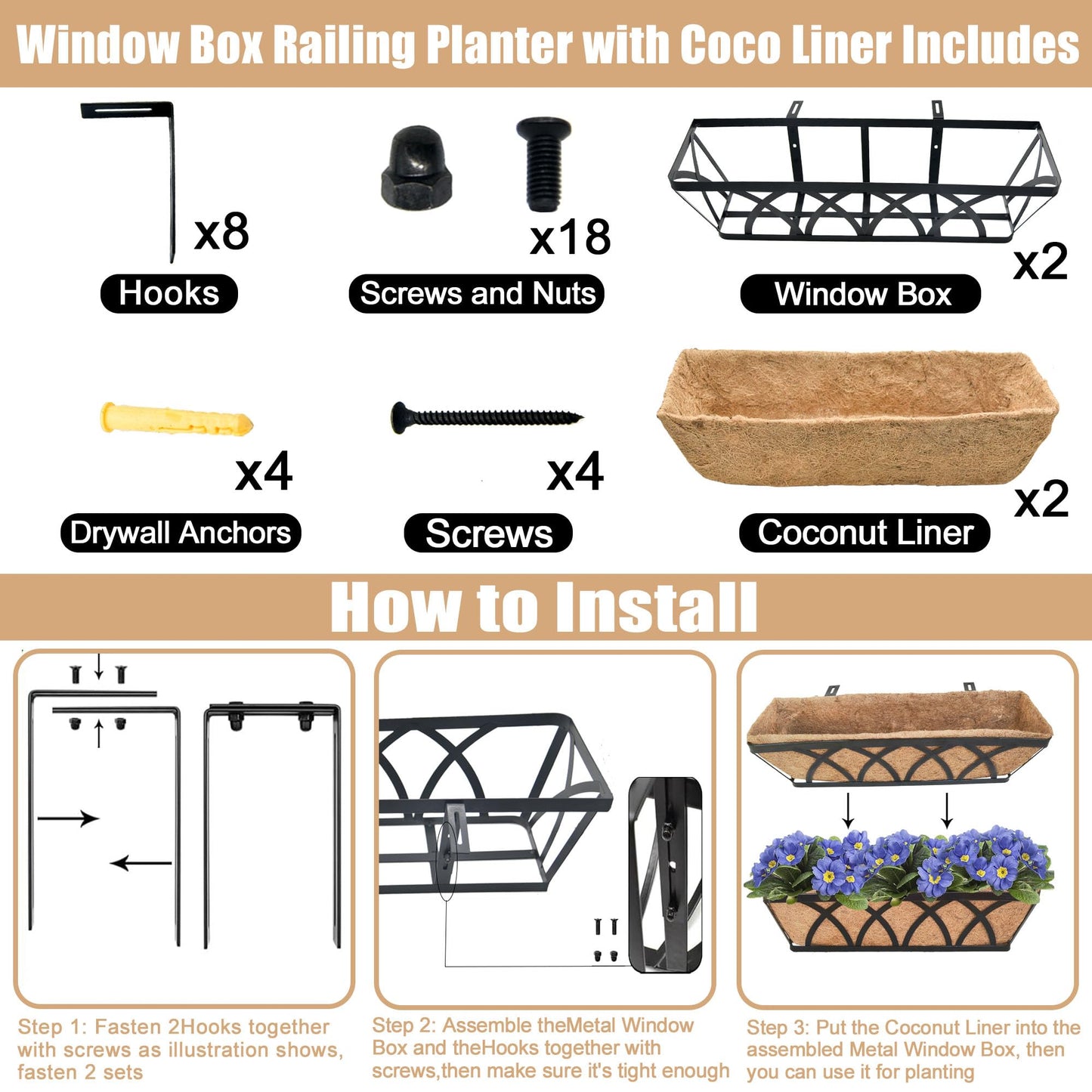 ZVOWOS Flat Railing Planter Window Box 2 Pack 30" Horse Trough Planter with Coco Fiber Liner Metal Window Planter Box Deck Balcony Rail Planter for Outdoor Porch Fence Patio