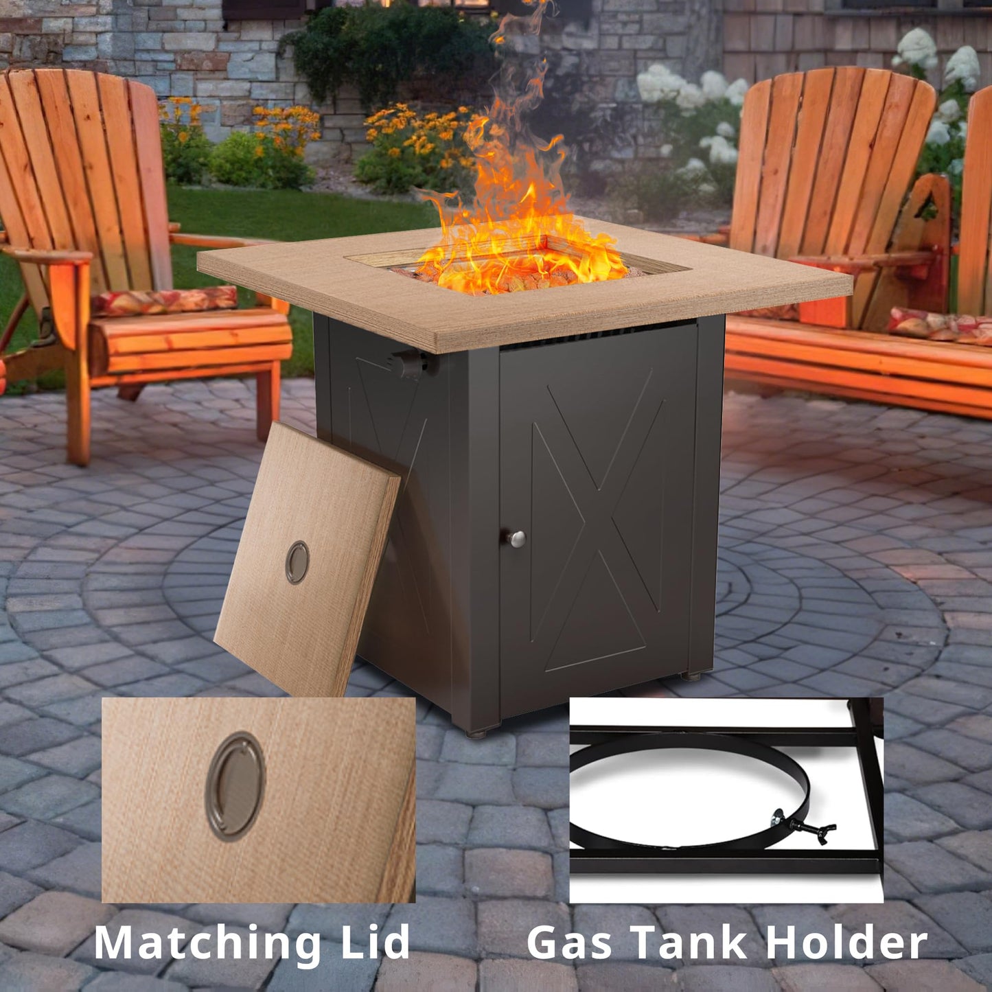 Hexago 28 Inch Outdoor Gas Square 50000 BTU Fire Pit Table with Lid, Bionic Wood Grain Propane fire pits Tables for Outside Backyard Garden Camping Party