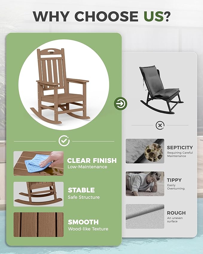 Oversized Outdoor Rocking Chairs Set of 4, High Back Porch Rocker Chair, HDPE All Weather Resistant Rocking Chairs for Patio,380lbs Weight Capacity, Teak