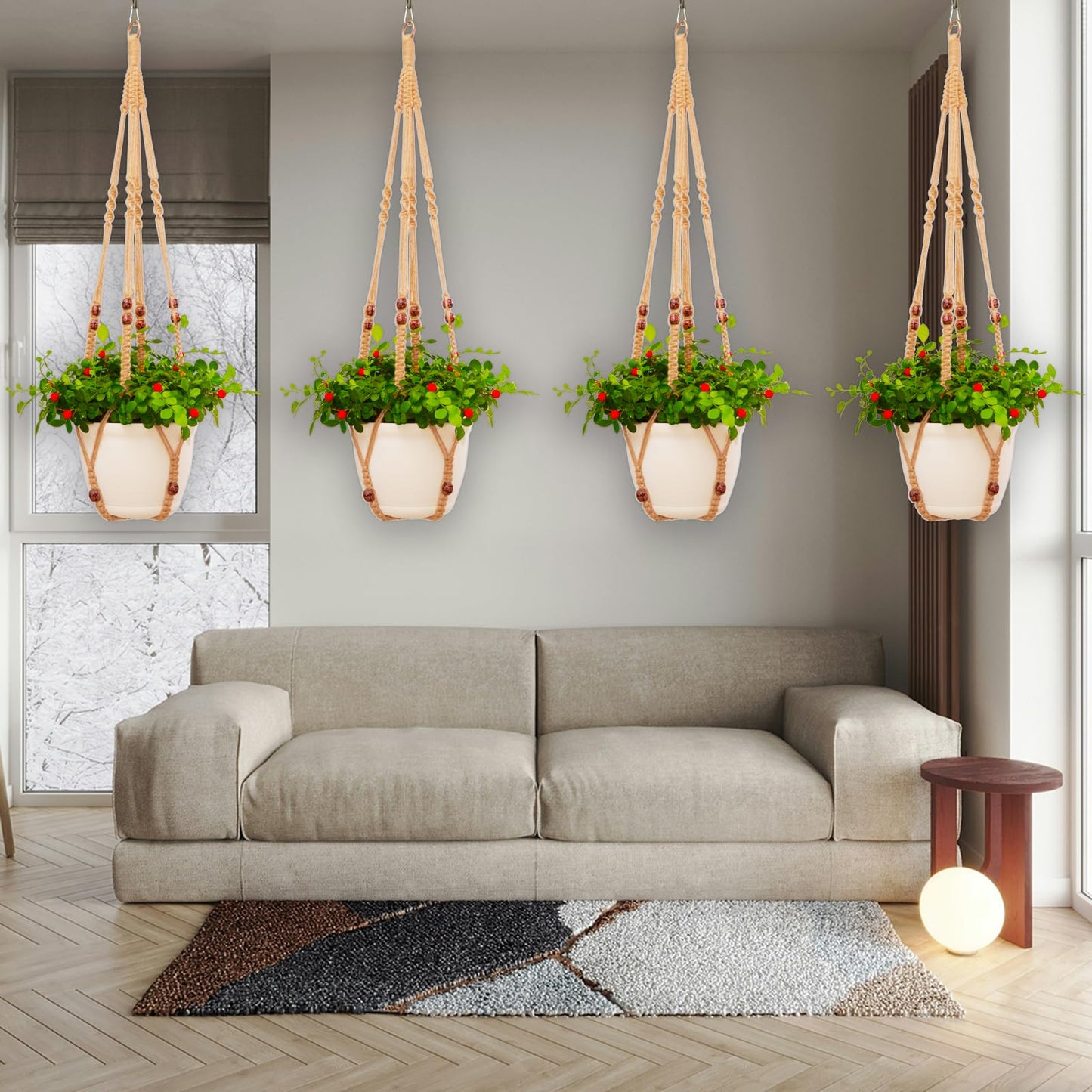 petonfun Macrame Plant Hanger Indoor Set,Hanging Planters for Indoor Plants Outdoor,Hanging Plant Holder Basket Pot with 8 Hooks,Boho Home Decor Crochet Beads Window Ceiling,No Tassels 4 Pack,Brown