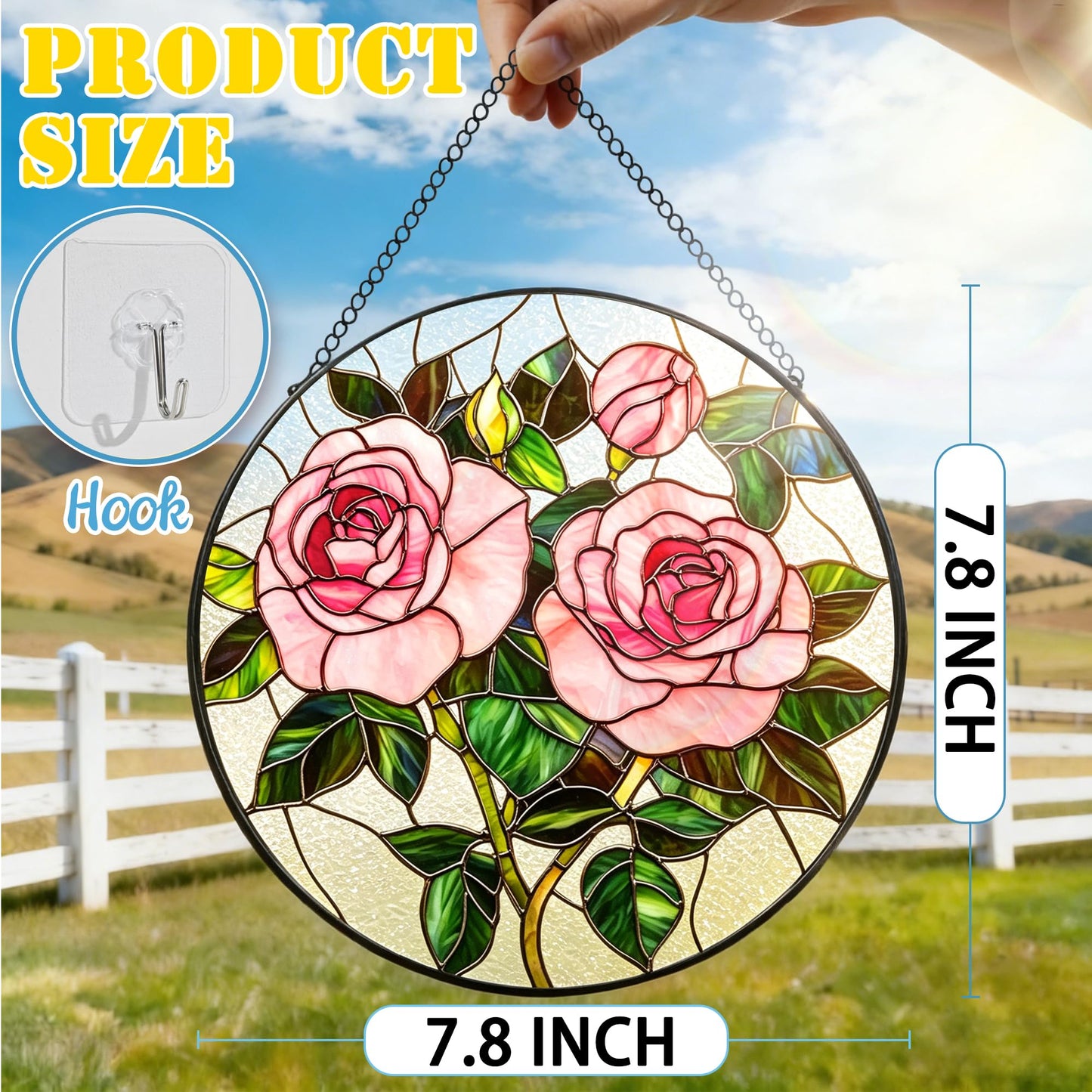 Stained Glass Window Hanging, 7.8 Inch Pink Rose Stained Glass Suncatcher Ornament, Floral Window Hanging Sun Catcher for Indoor Window, Flower Lover Gift, Gifts for Mom, Grandma, Friends & Sisters