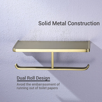 Dual Roll Toilet Paper Holder with Phone Shelf, Solid Metal Bathroom Accessory Tissue Dispenser Storage Wall Mounted, Spot Resist, Brushed Gold