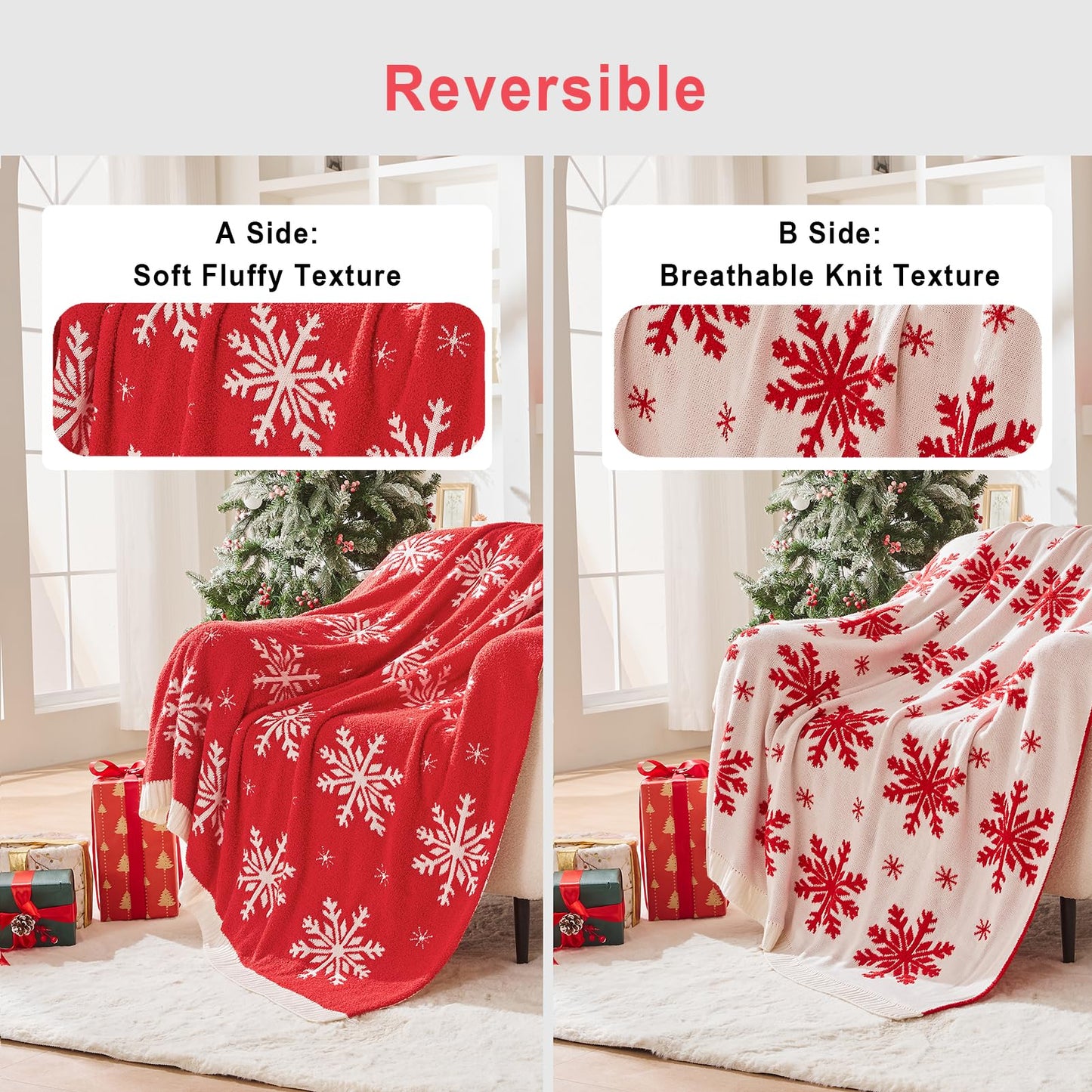 Douceur Christmas Snowflake Throw Blanket, Ultra Soft Red Fluffy Festival Blanket, Reversible Cozy Decorative Blanket for Bed Couch Sofa, Super Soft Indoor Living Room Plush Throws, 50"X60"