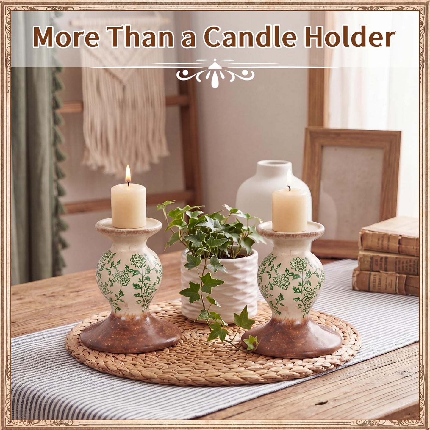 Patelai 2 Pcs Terracotta Pillar Candle Holders Floral Sculptural Taper Candlestick Rustic Farmhouse Decorative Candleholders Pedestal Stand for Table Centerpiece Wedding Home Tabletop Decor