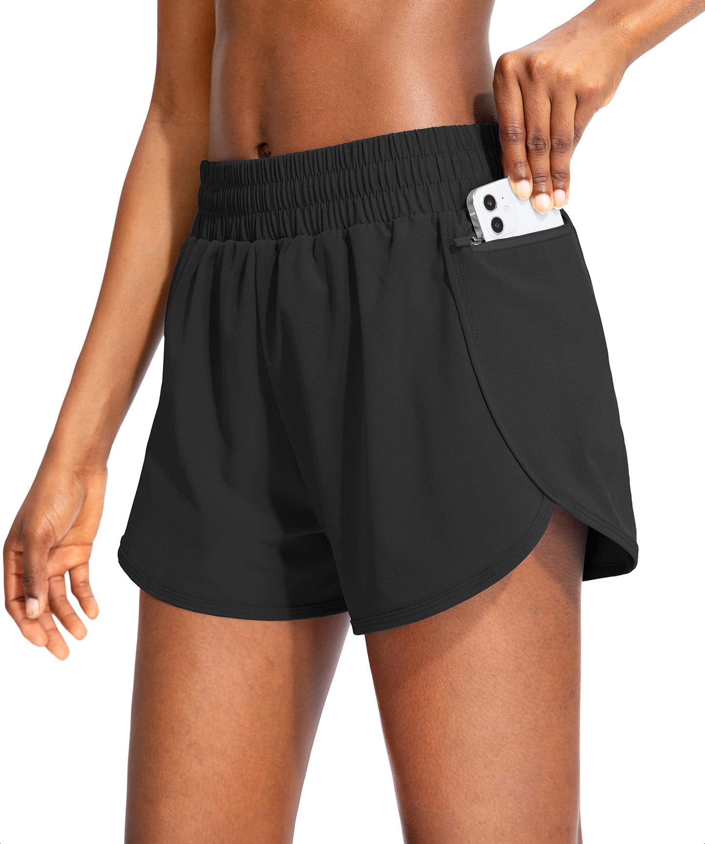 Soothfeel Womens Running Shorts with Zipper Pockets High Waisted Athletic Gym Workout Shorts for Women with Liner Black