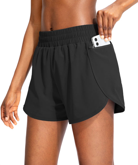 Soothfeel Womens Running Shorts with Zipper Pockets High Waisted Athletic Gym Workout Shorts for Women with Liner Black