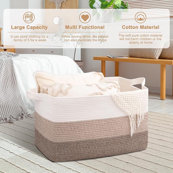 OIAHOMY Extra Large Blanket Basket, 95L Cotton Rope Woven Laundry Basket