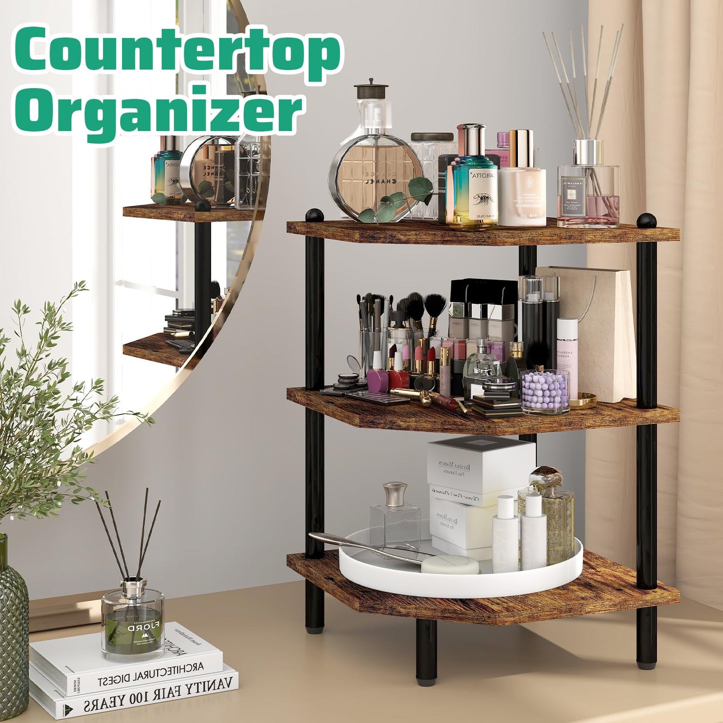 MOFAIN Desktop Corner Stand Shelf for Storage, 3 Tier Corner Shelf Organizer, Rustic Brown Rack for Small Spaces, Bedroom, Home Office, Kitchen, Bathroom