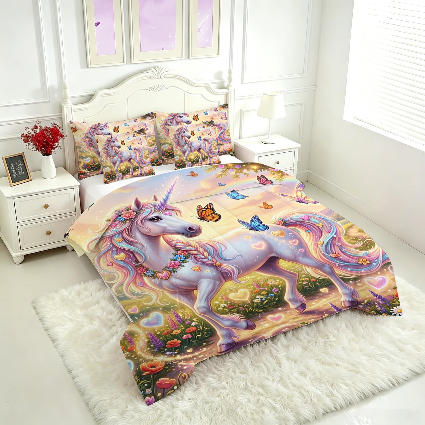 FUYEUN Unicorn Comforter Set Queen Size 7 Pieces Cute Rainbow Print Bedding Set for Kids Boys Girls Bed in a Bag with Comforter, Sheets, Pillowcases, Cushion Covers Dreamy Princess