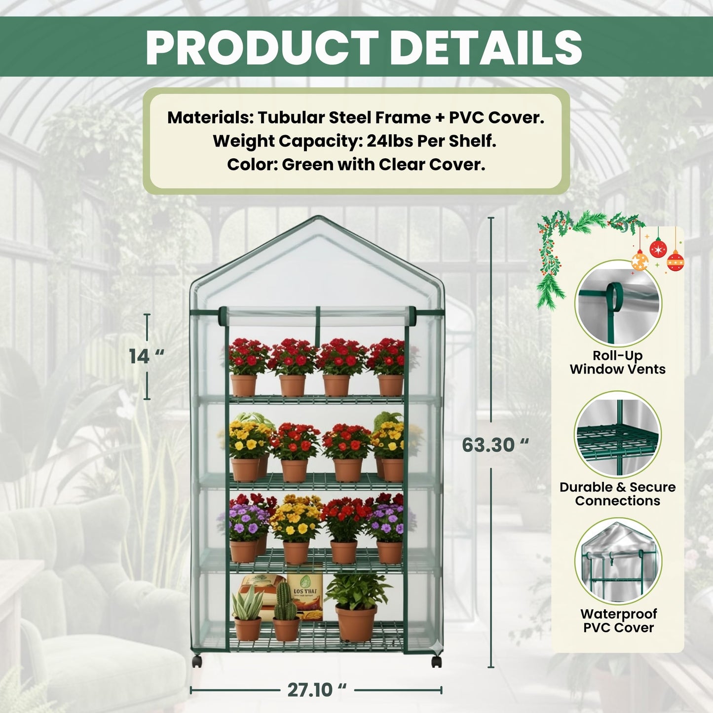 4 Tier Mini Greenhouse - Portable Greenhouse with Locking Wheels and PVC Cover for Indoor or Outdoor Green House by Pure Garden