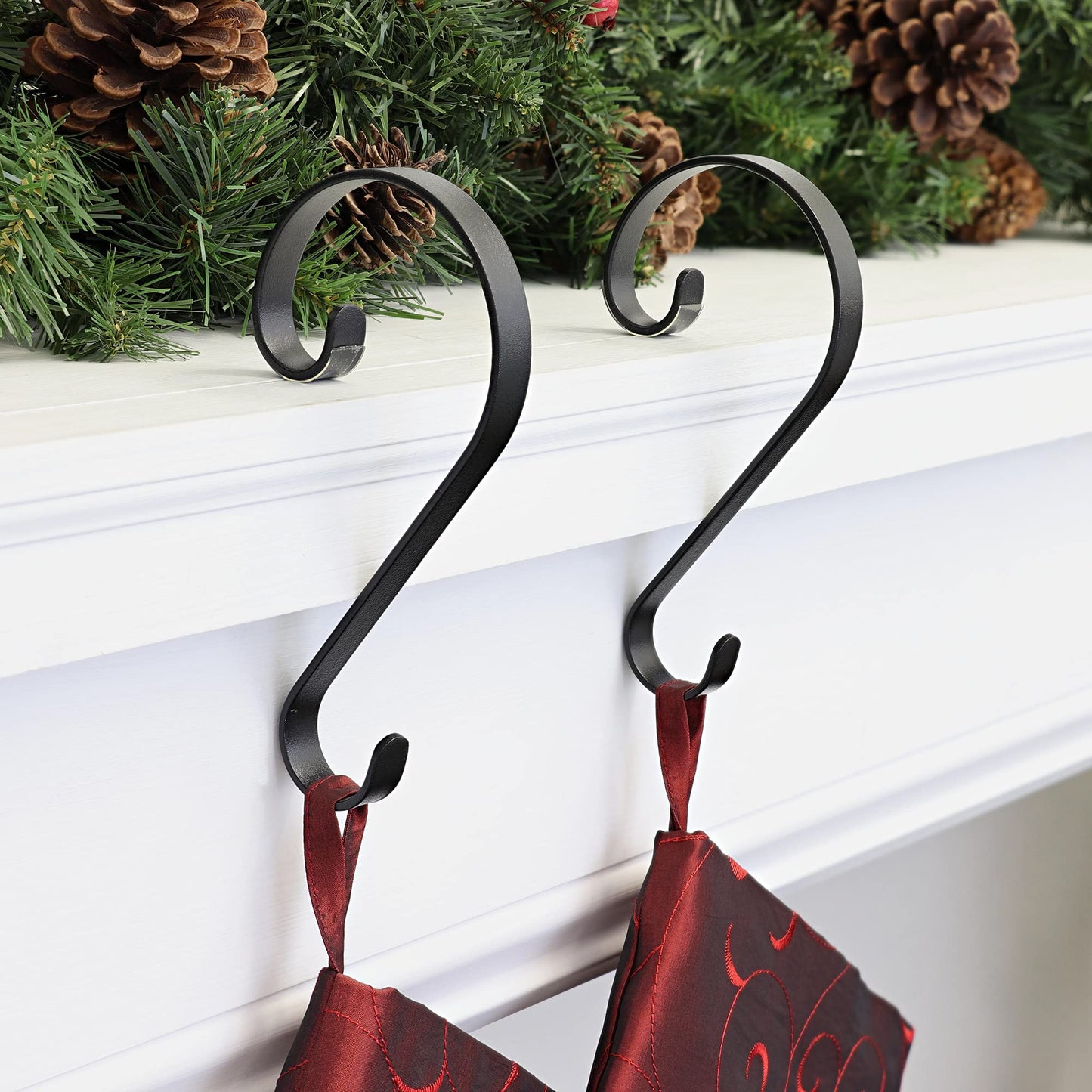Haute Decor Stocking Scrolls Stocking Hanger- 2 Pack (Matte Black) - Christmas Stocking Holder for Various Mantel Sizes and Styles, Including Large