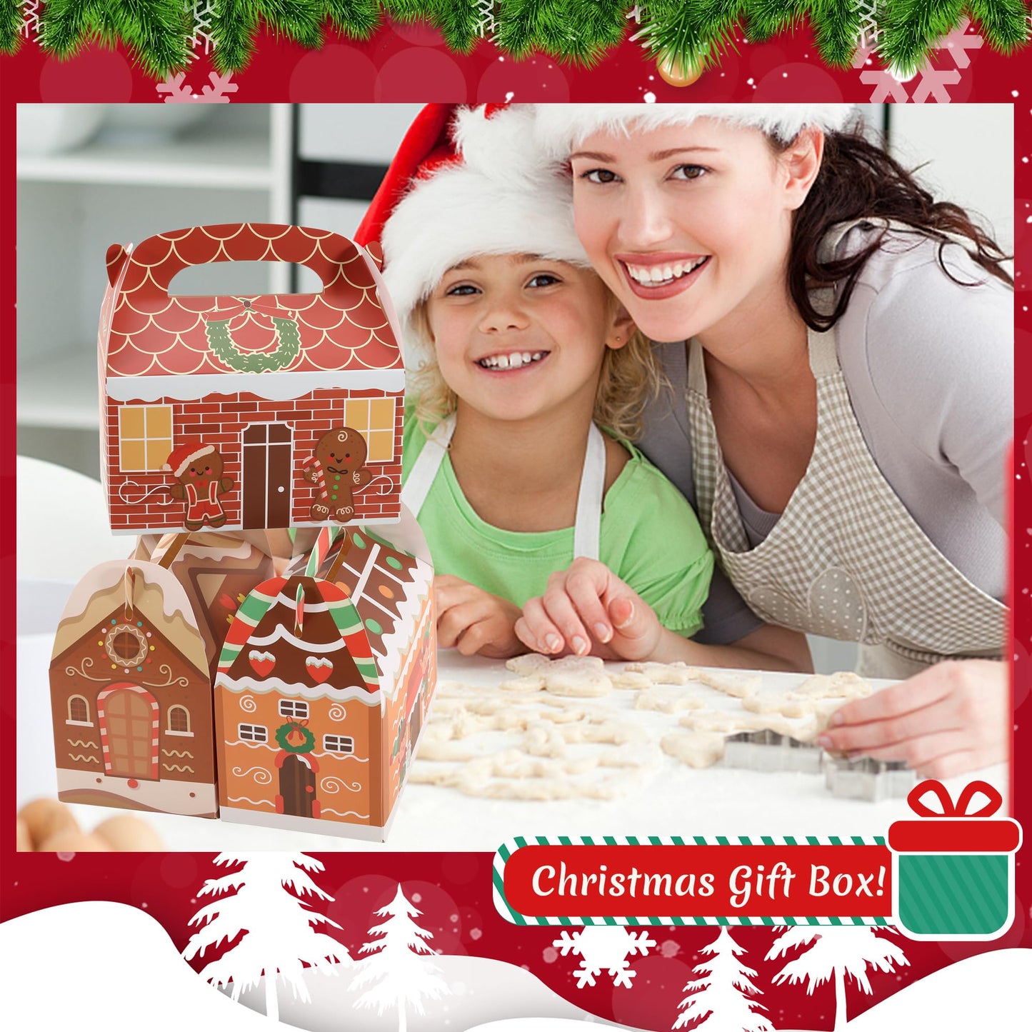 SAITI 24 Pieces Christmas Cookie Boxes for Gift Giving, 3D Christmas Treat Boxes 3 Designs Gift Boxes for Holiday Xmas Goody Party Favors