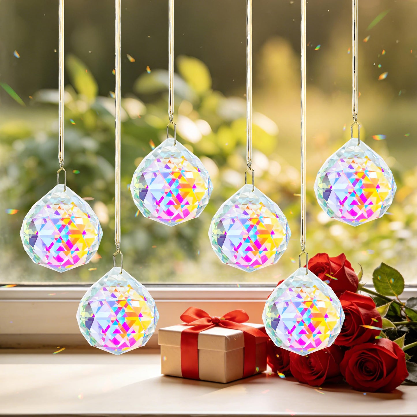 Set 6 Crystal Sun Catcher, AB Coating Ball Suncatcher Window Hanging Christmas Ornaments Rainbow Maker Prisms for Home Garden Decor