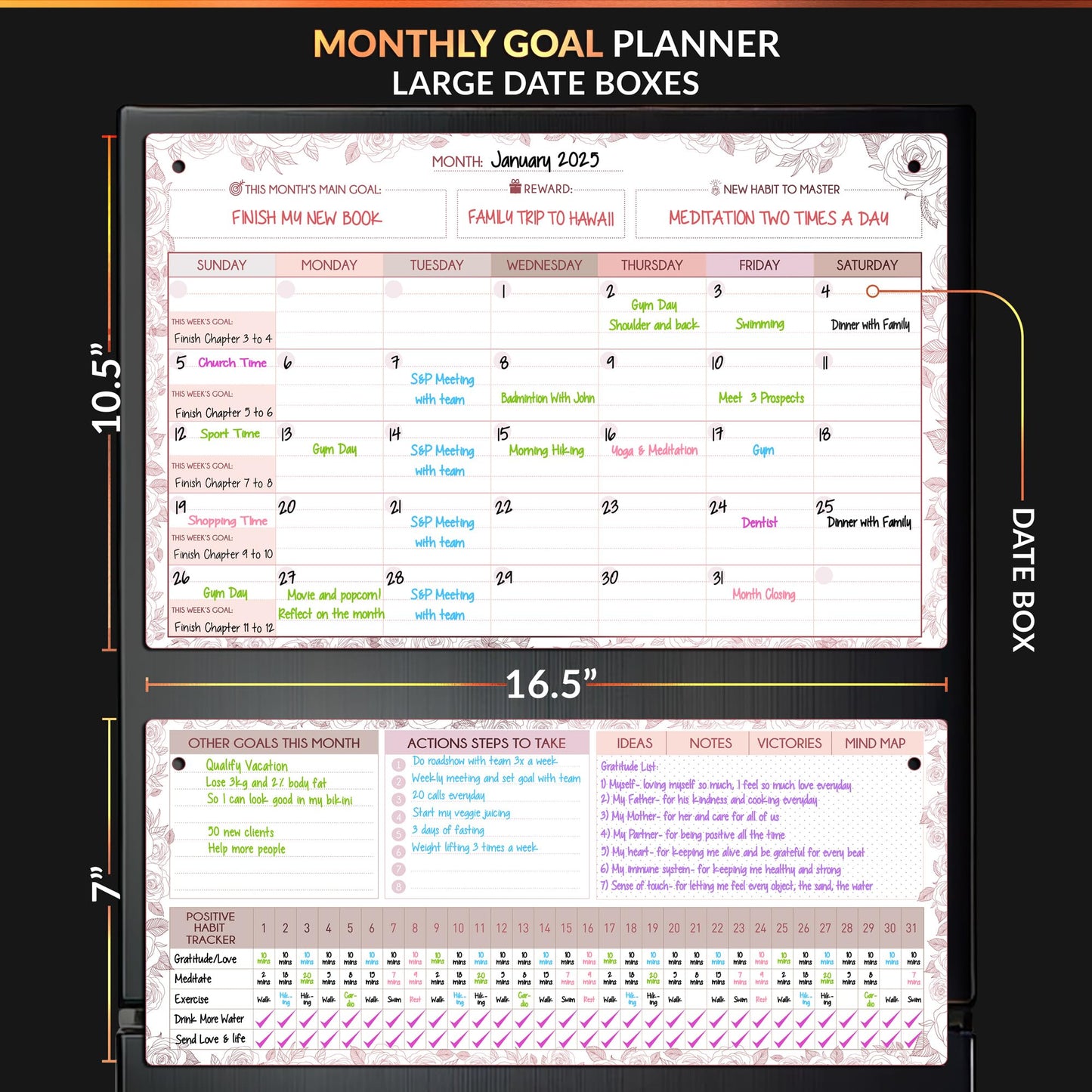 Magnetic Whiteboard for Fridge - Large Dry Erase Calendar for Wall | 3 Magnetic Dry Erase Board 10.5" x 16.5" & 7" x 16.5", Monthly Goal Setting & Habit Tracker, 5 Markers and 6 Adhesive Hooks