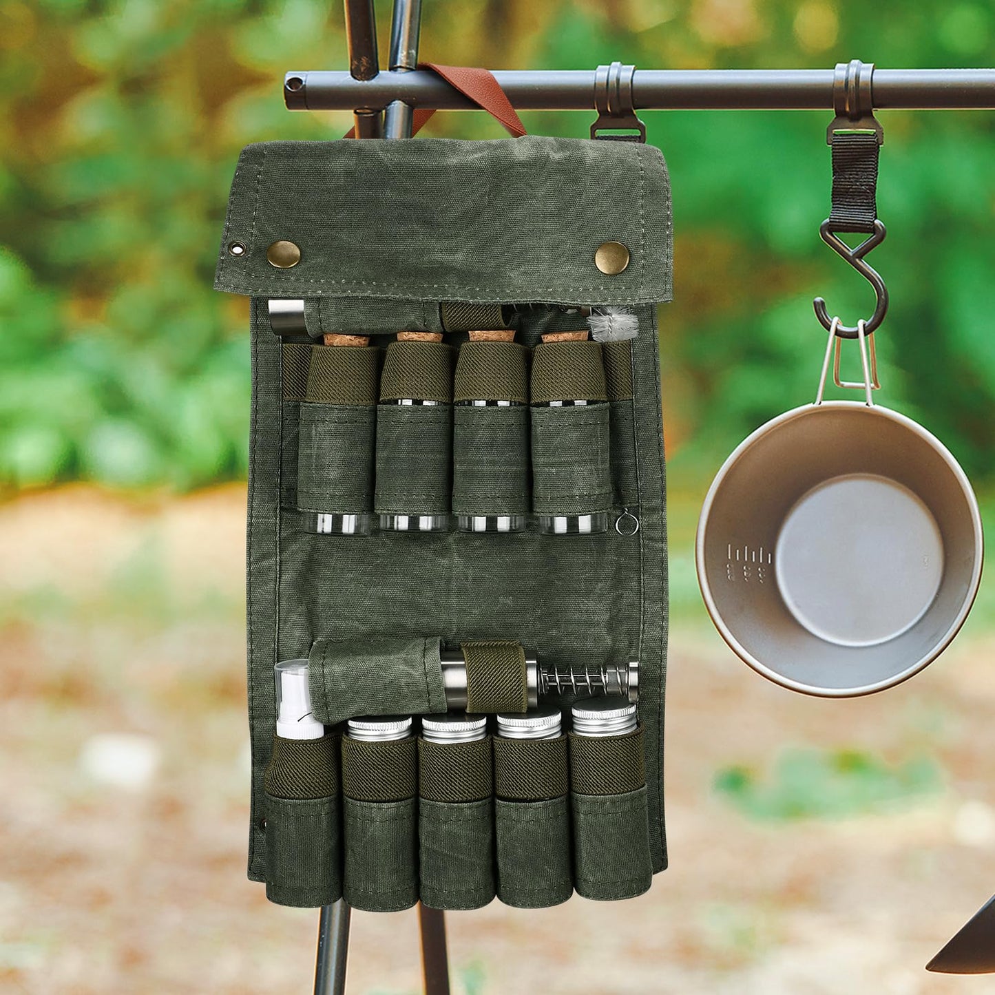 TOBWOLF Portable Spice Bag for Travel, Camping Spice Kit with 8 Jars, 2 Salt/Pepper Grinders, 1 Oil Spray, Foldable Canvas Seasoning Storage Bag, Condiment Container Set for Outdoor Picnic BBQ - Green