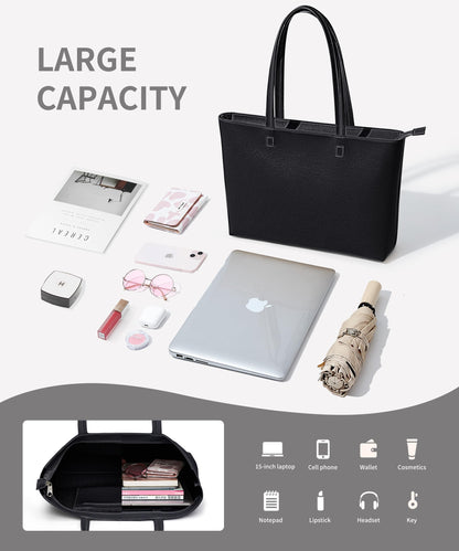 KALIDI Tote Bag Handbags for Women Large shoulder bag with Zipper Waterproof PU Women's Totes Ladies Bag for Work School Travel Daily Use (Black)