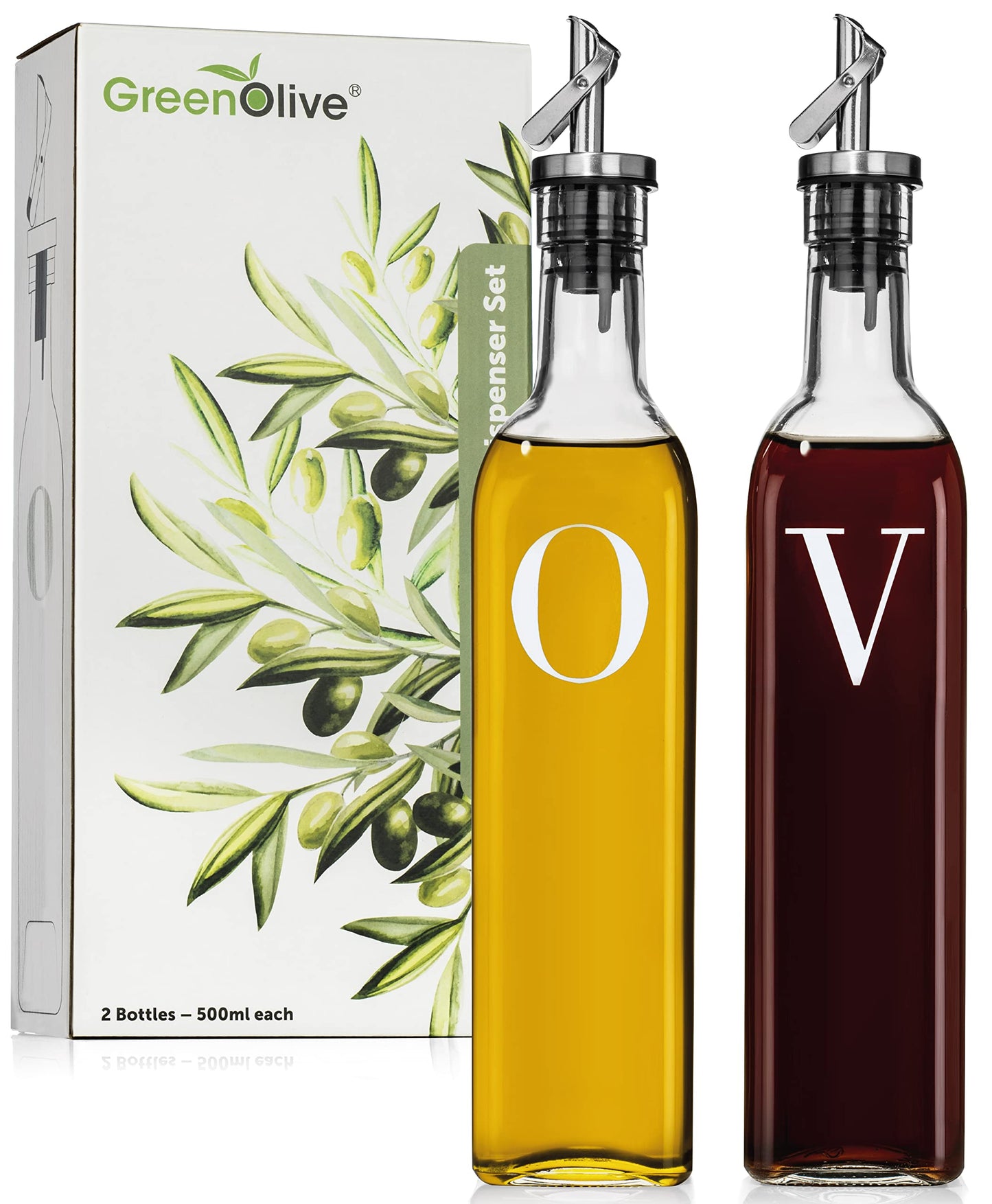 GREENOLIVE Olive Oil and Vinegar Dispenser Set - 17 oz. Glass Bottles with No-Drip BPA-Free Spouts - Stylish O and V Identifiers for Kitchen and Dining Use - Set of 2