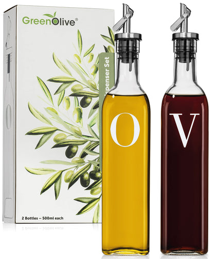 GREENOLIVE Olive Oil and Vinegar Dispenser Set - 17 oz. Glass Bottles with No-Drip BPA-Free Spouts - Stylish O and V Identifiers for Kitchen and Dining Use - Set of 2