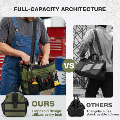 HISEA Heavy Duty Tool Bag 20 Pockets, 16-Inch Portable Tool Box Organizer, 600D Waterproof Wide Mouth Large Storage Toolbag for Electrician, Tradesman with Adjustable Shoulder Strap