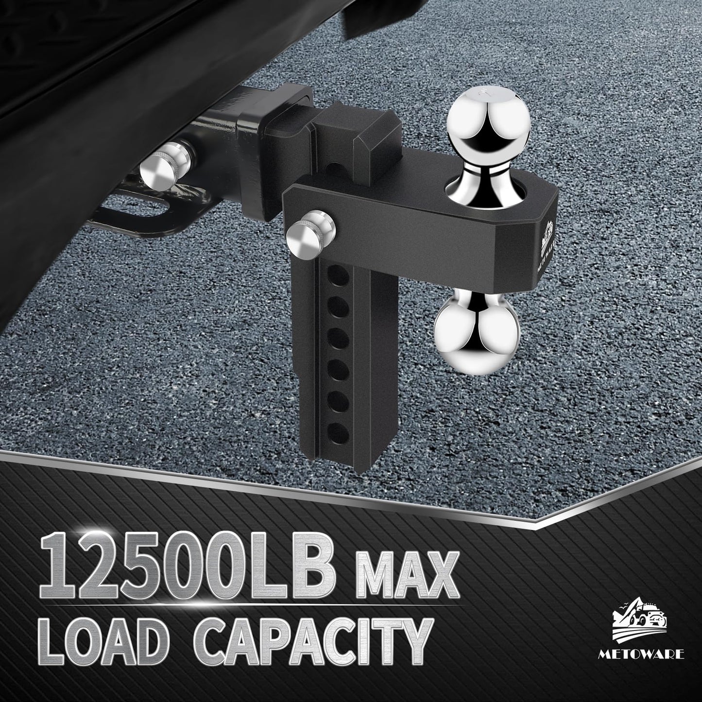 METOWARE Adjustable Drop Hitch - Aluminum Tow Hitch Fits 2-Inch Receiver - Heavy Duty Trailer Hitch with 8-Inch Drop/Rise for Truck (12,500 LBS GTW), Double Anti-Theft Stainless Steel Pin Locks(Black)