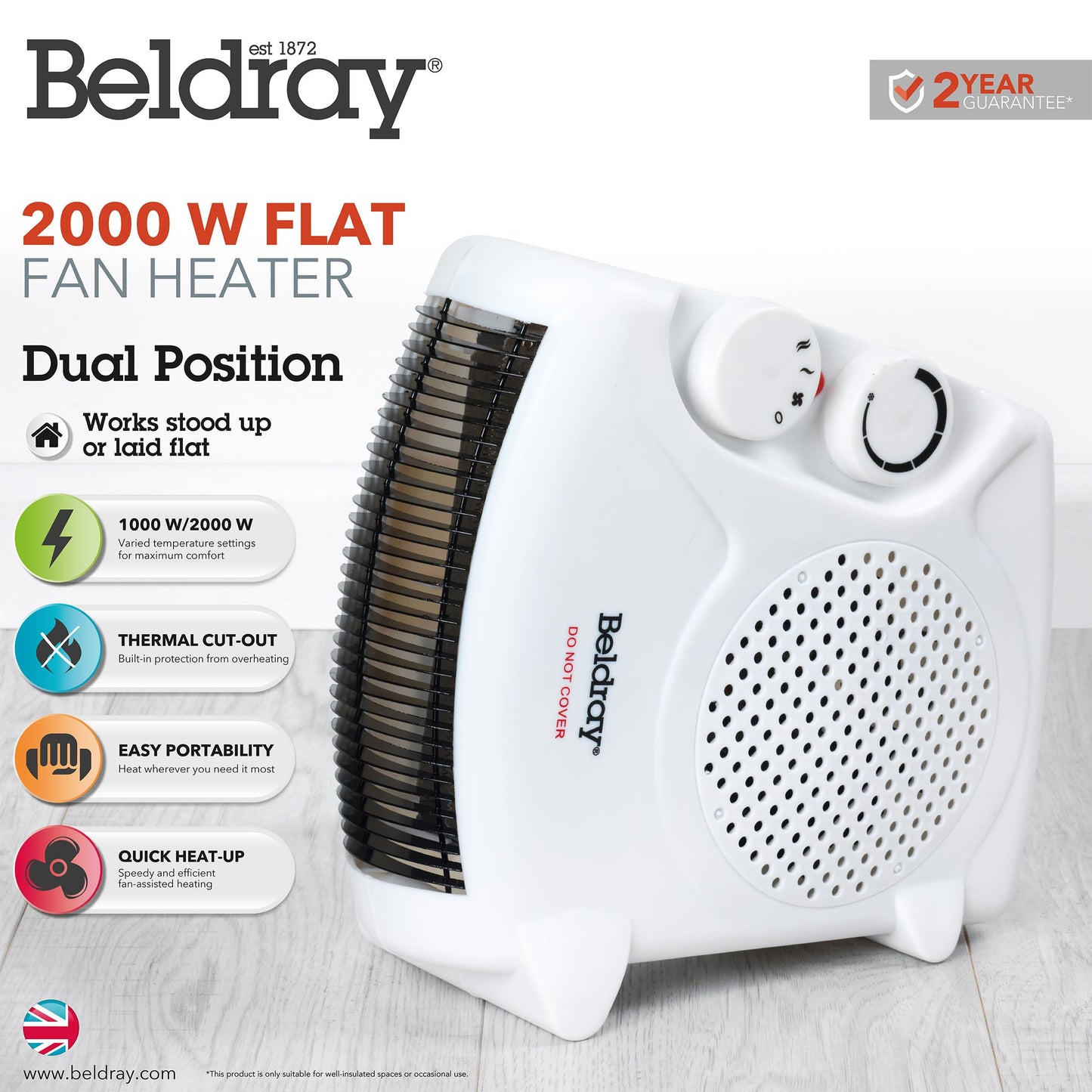 Beldray Electric Flatbed Fan Heater – Upright Heater with 2 Heat Settings and Cool Air Function, Adjustable Thermostat, Overheat Protection, Dual Position, Portable Carry Handle, 2000 W EH0569SSTK