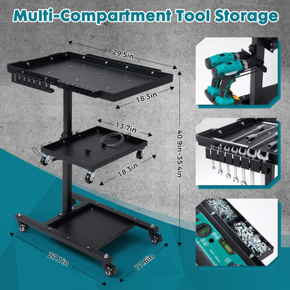 OLBRUS Rolling Work Table Adjustable Height - 3-Tier Removable Tool Cart with Wheels, Portable Mechanic Organizer with Drill Storage & Lockable Casters for Garage, Workshop, Bicycle Repair