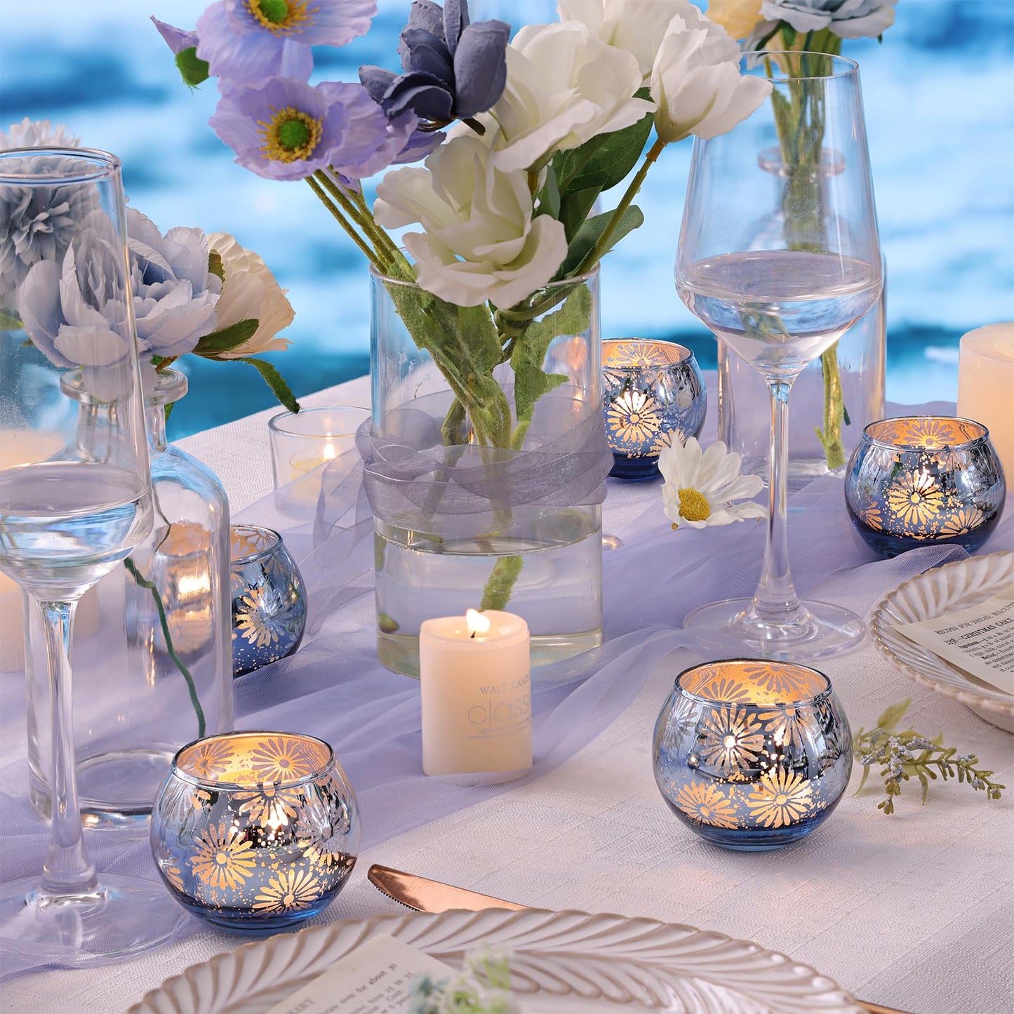 sunnyfuture Blue Mercury Glass Votive Candle Holders Set of 12, Round Tealight Candle Holders Bulk for Table Centerpieces, Weddings, Shower Gifts, Party Decorations