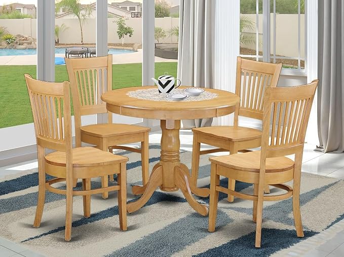 East West Furniture ANVA5-OAK-W 5 Piece Dining Set Includes a Round Dining Room