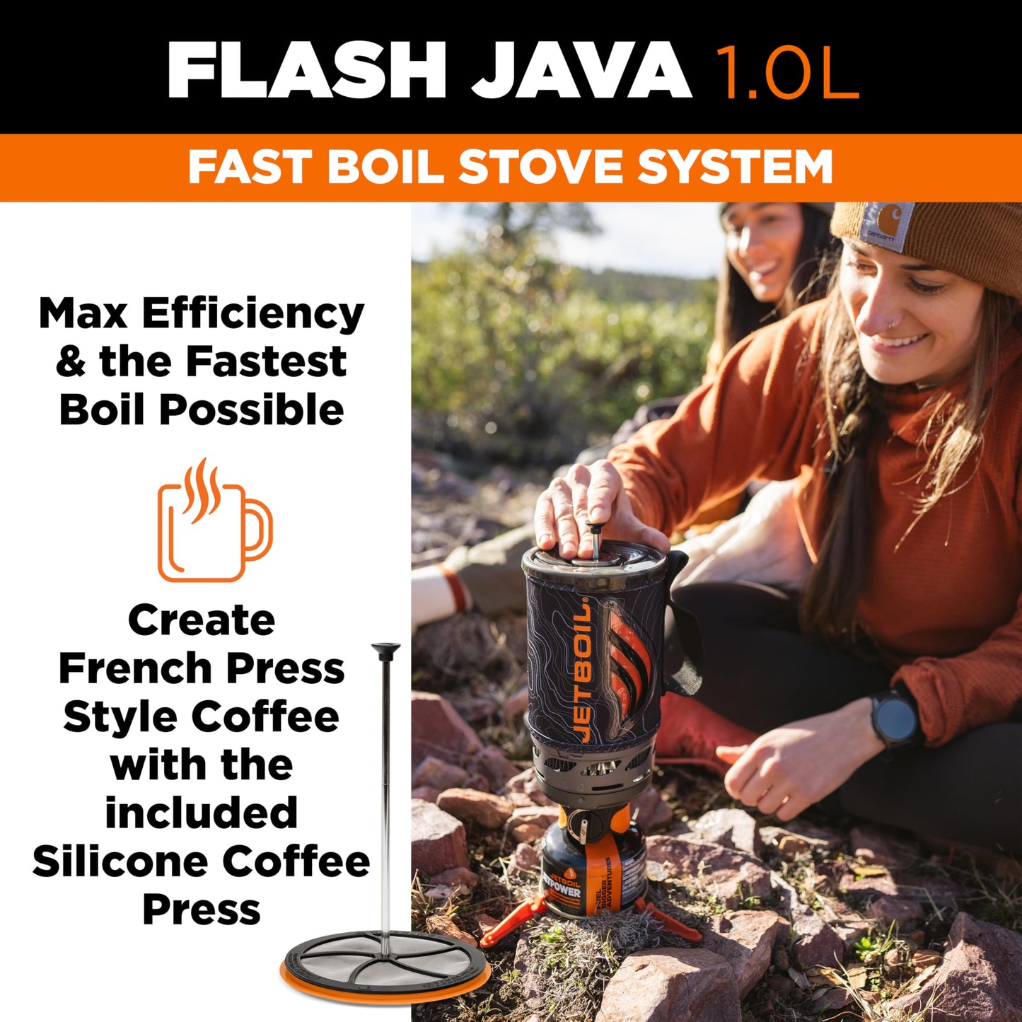 Jetboil Flash Java 1.0L Portable Fast Boil Stove with Silicone French Press and 1-Step Auto Ignition for Camping and Backpacking, Propane/Isobutane Burner with Cooking Cup, Topo