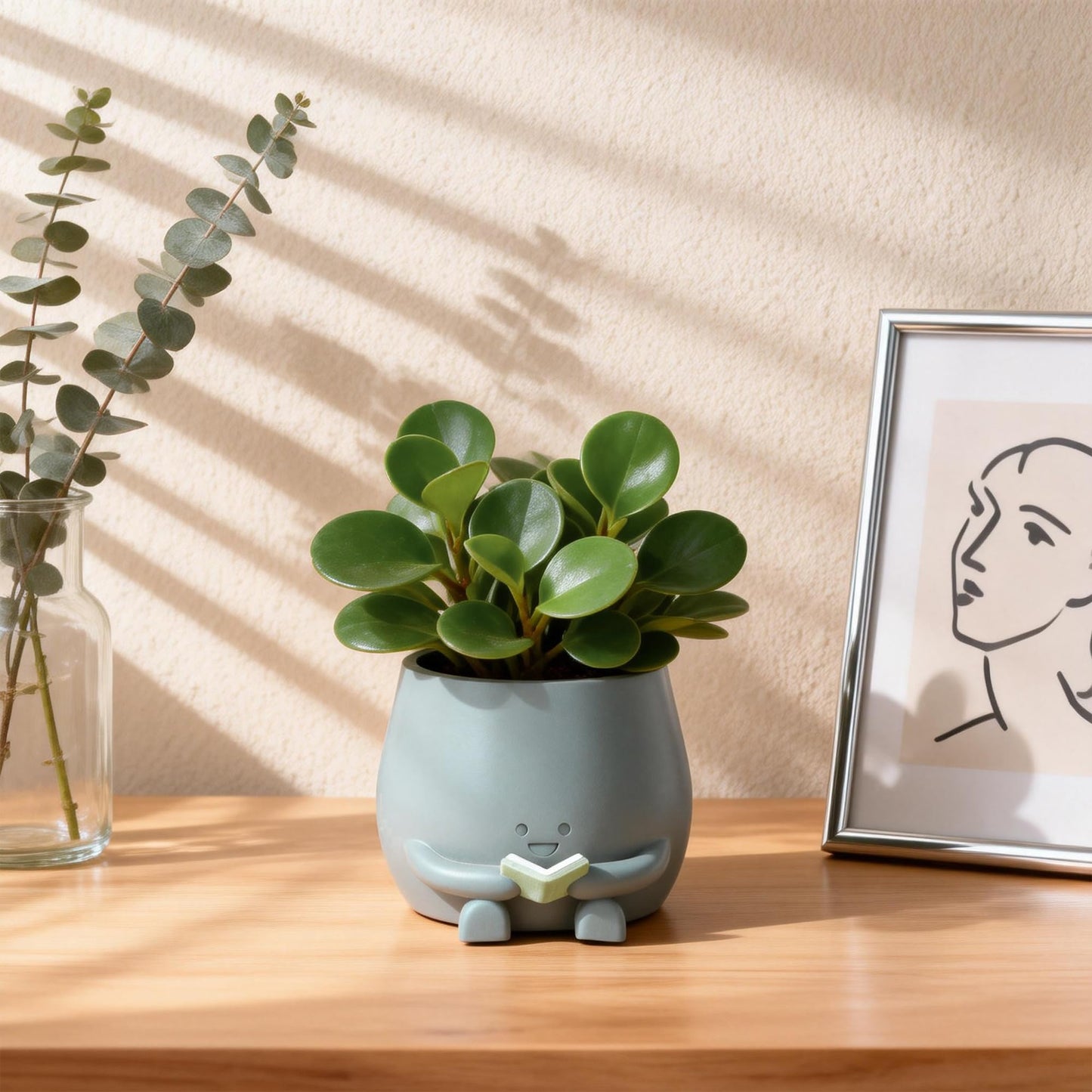 ZSHAWN Smiley Face Planter, Book Lover Plant Pot, Resin Bookworm Planter with Drainage Hole Plug, Cute Reading Succulent Pot Happy Face Indoor Desk Bookshelf Home Decor Blue