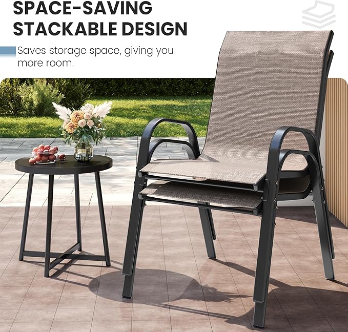 Patio Dining Chairs Set of 4, Stackable Dining Chairs High Back, Breathable Seat Fabric and Alloy Steel Frame for Backyard, Porch, Garden, Sunroom (Light Brown)