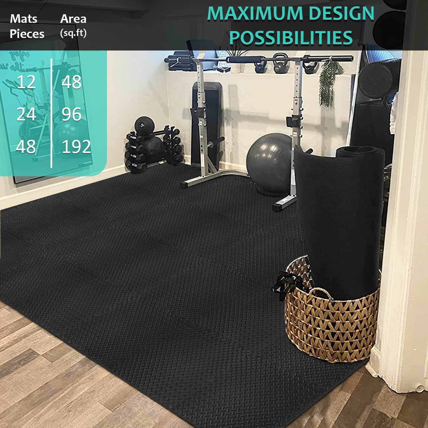 BEAUTYOVO Puzzle Exercise Mat with 48 Tiles Interlocking Foam Gym Mats, 24'' x 24'' EVA Foam Floor Tiles, Protective Flooring Mats Interlocking for Gym Equipment (192 Sq.Ft - All Black)