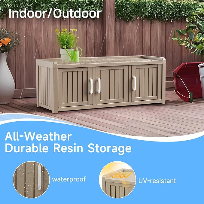 3 Doors Shoe Bench, Waterproof & UV-Resistant, Resin Shoe Cabinet Indoor & Outdoor Use, Entryway Bench with Adjustable Shelves & Hidden Storage Space for Bedroom, Hallway, Grey